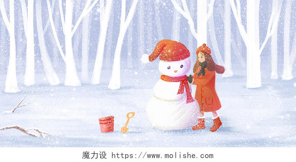 浅蓝色树丛雪地雪人女孩传统节气二十四节气之小寒展板背景